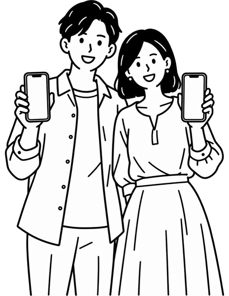 スマホを掲げて笑う新郎新婦